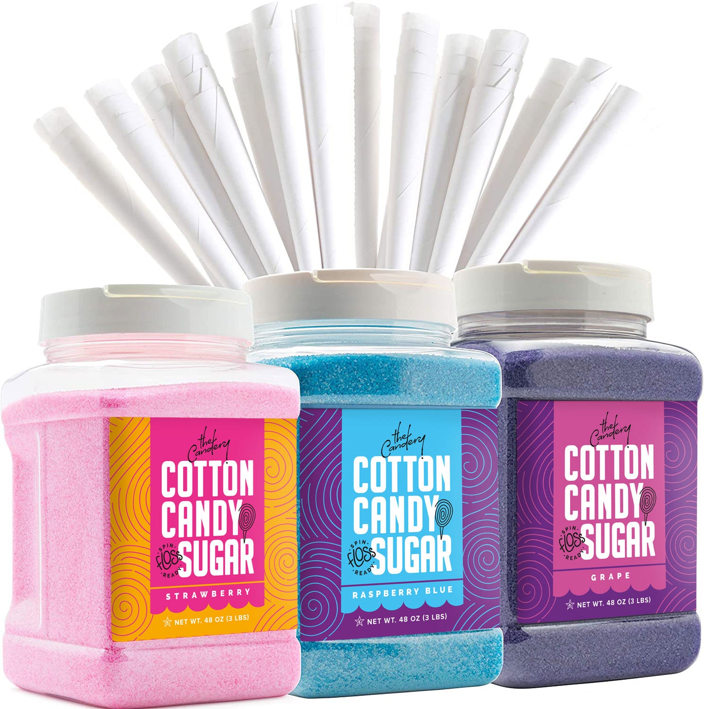 3-Pack Large (3 lb) Cotton Candy Floss Sugar With 100 Cones